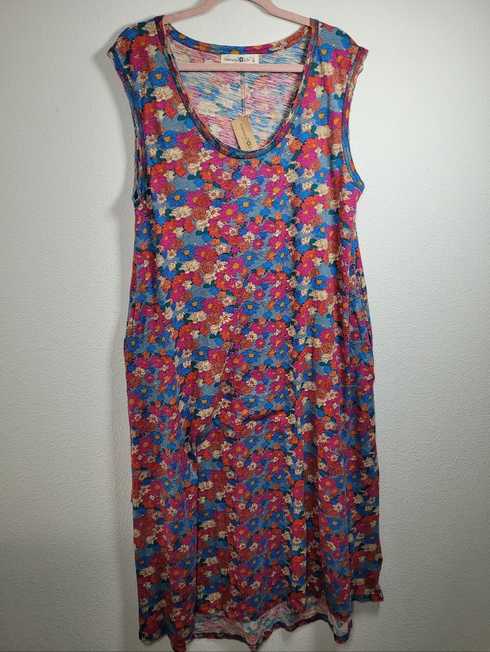Natural Life Floral Print Knit Sleeveless Maxi Dress L Side Pockets Cottagecore